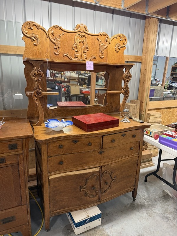Antique Victorian Golden Oak Sideboard with Mirror, Carved American Buffet Cabin