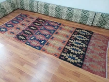 Multicolor Geometric Runner Rug Natural Wool and Cotton Rug Primative Rug 4x10