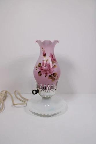 Vintage Underwriters Laboratories milk glass table lamp with pink rose hurricane