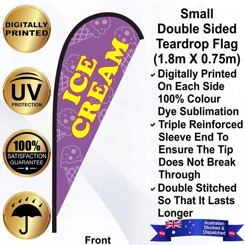 F - ICE CREAM Deluxe Double-Sided Purple 2.4m Teardrop Flag / Banner Kit with Pole Set, Steel Outdoor Cross Base and a Free Carry Bag - 1