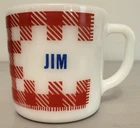 Vtg Westfield Coffee Mug Cup Name Jim Milk Glass Red White Plaid Gingham USA