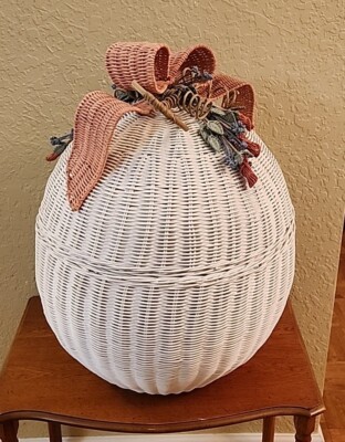 Vintage X Large White Wicker Pastel Colored Egg Easter Storage Container 24'' T