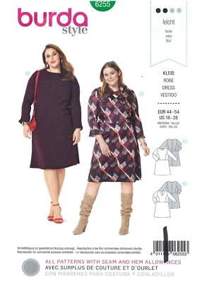 Burda 6255 Paneled Princess Seam Dress w Neck & Sleeve Variations Sz PLUS 18-28