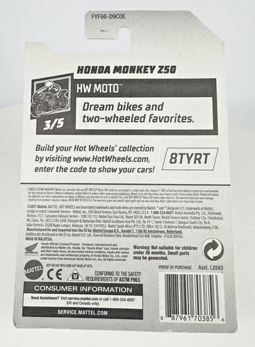 2018 Hot Wheels BLACK HONDA MONKEY Z50 Treasure Hunt HW MOTO 3/5 - Picture 4 of 5