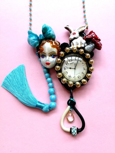 White Rabbit Alice in Wonderland Jewellery Necklace Pendant Art Deco Clock Jewel - Picture 10 of 24