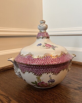 Elios Peint Main HF Hand Painted Porcelain Floral Italy Bowl Pot Lid Soup Tureen