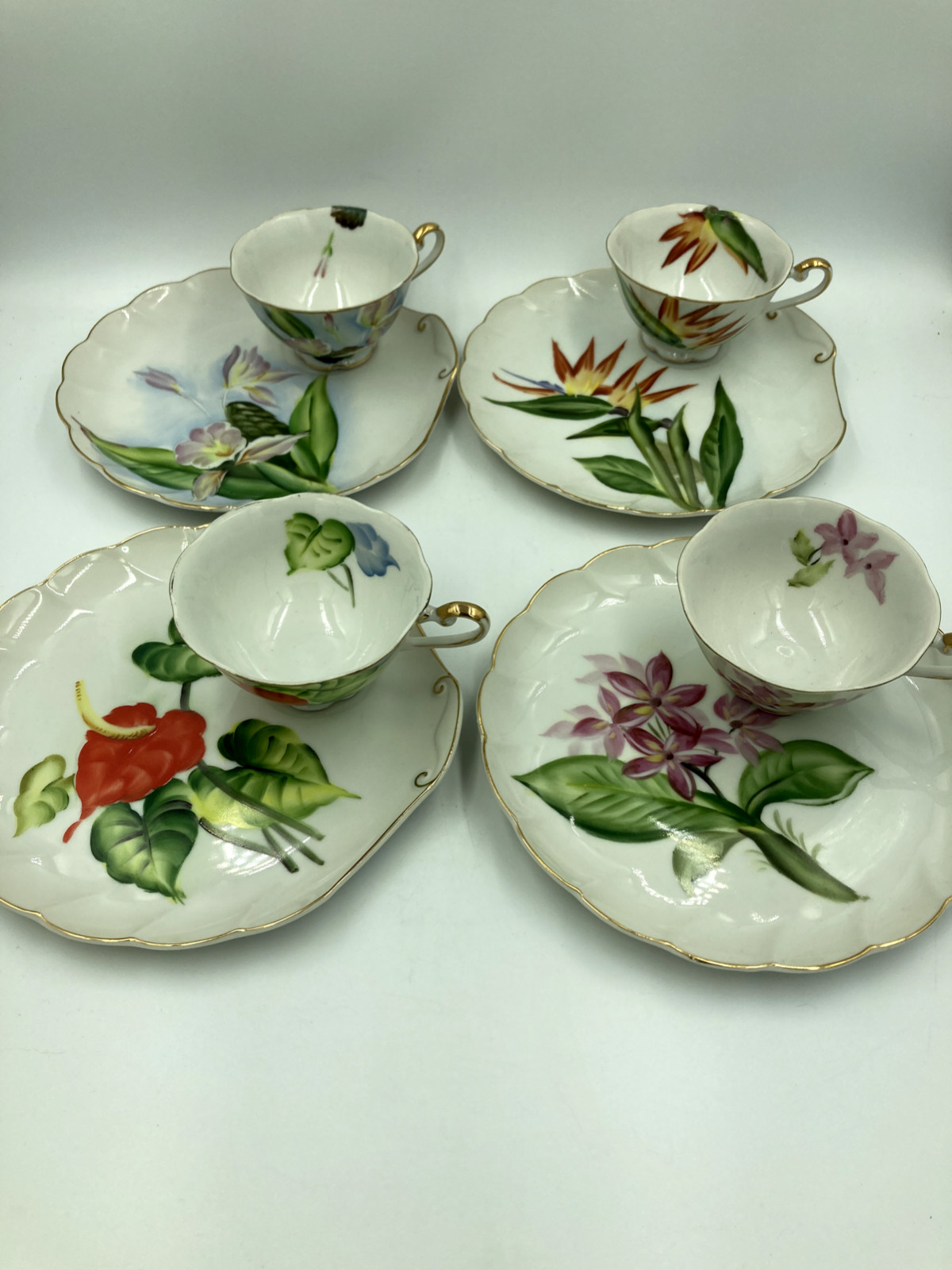FOUR sets vtg cups/plates - 8 pcs/4 diff hand painted HI flowers/~50s japan NICE