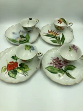 (8pcs) 4 sets vtg cups/plates - 4 diff hand painted HI flowers ~50s japan NICE