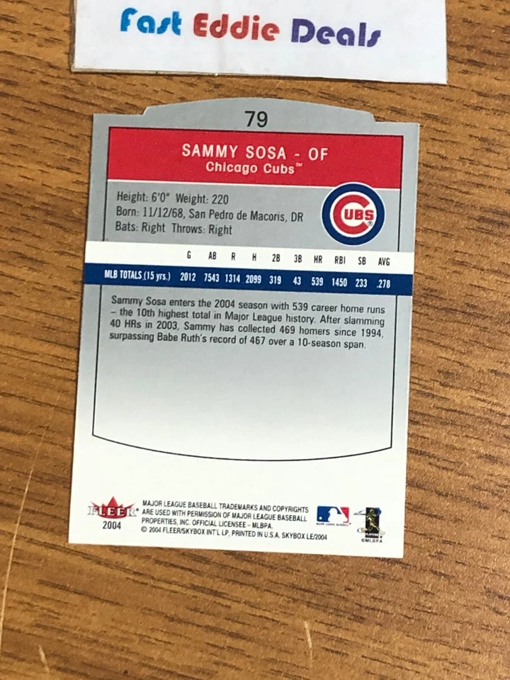 FLEER SKYBOX 2004 MLB BASEBALL SAMMY SOSA LIMITED EDITION CARD 79 CHICAGO CUBS - Image 2 of 2