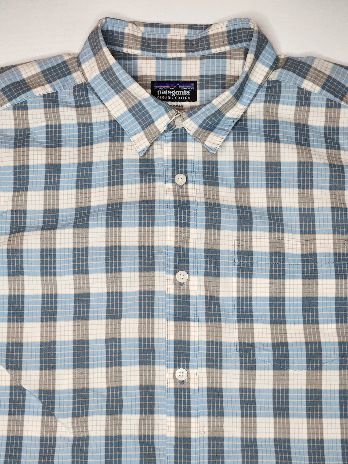 Patagonia Mens L Blue Brown Plaid Fezzman Shirt *FLAW* Casual Outdoor Hiking