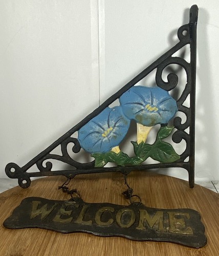 Metal Rustic Cast Iron Hanging Welcome Sign Painted Roses Design Garden Plaque - Picture 2 of 6