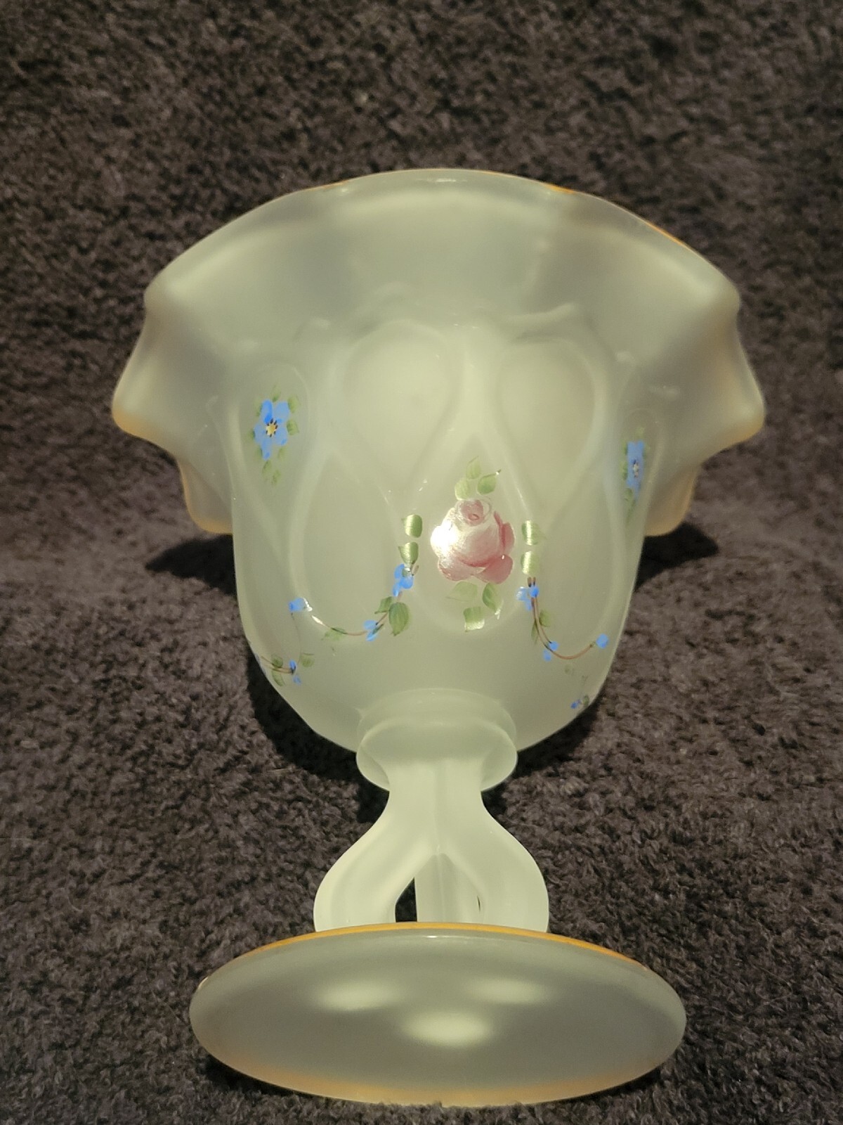 Westmoreland White Frosted Glass Pedestal Candy Dish Hand Painted Flowers