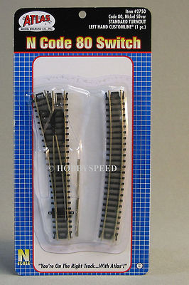 ATLAS N SCALE CODE 80 STANDARD LEFT HAND SWITCH TRAIN TRACK SECTION 19'' ATL2750