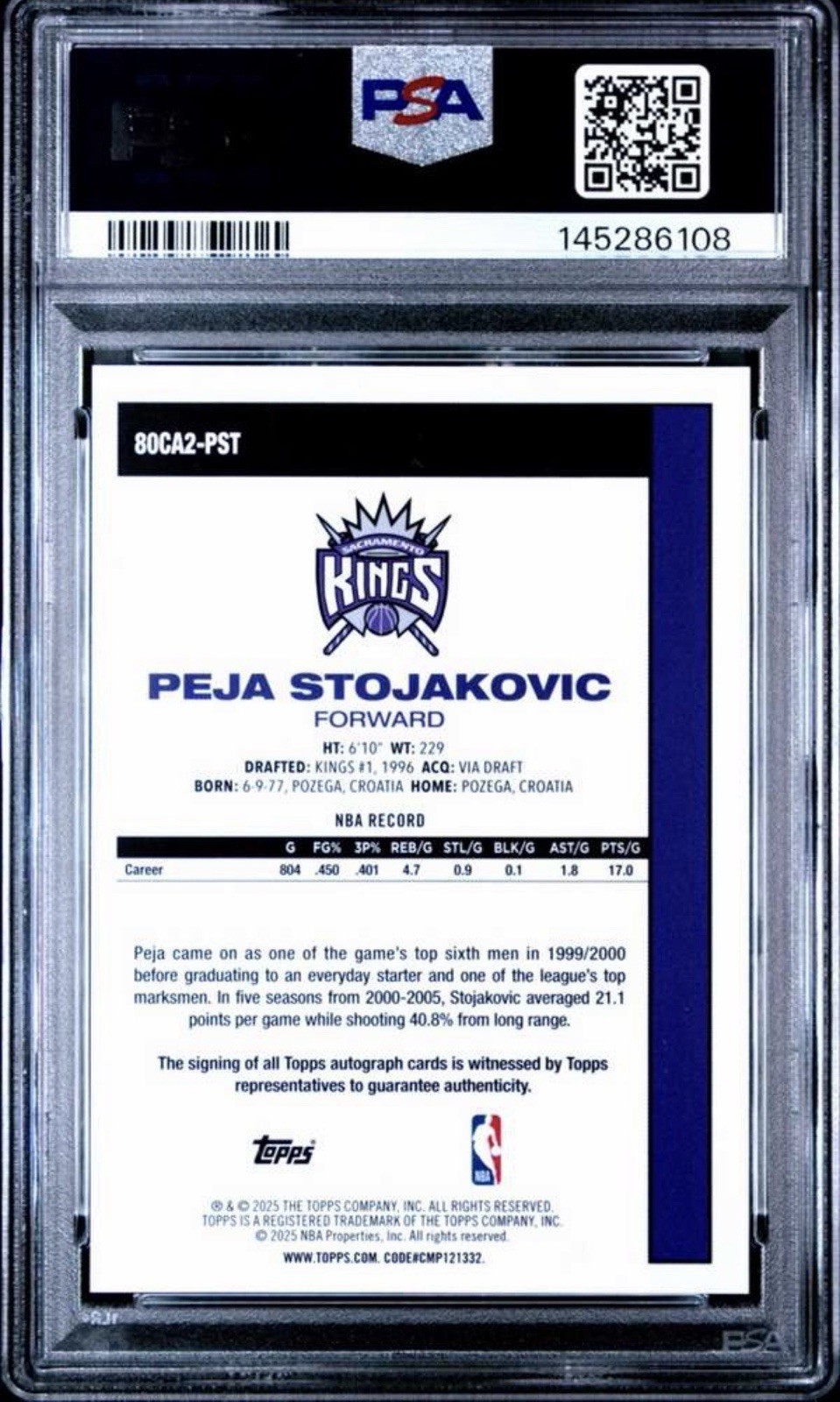 25-26 Topps Bball '80-81 Chrome Gold #80CA2PST Peja Stojakovic Auto /50, PSA 10 view 2