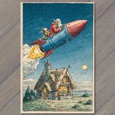 POSTCARD Santa Flying Blue Rocket Over Cottage Night Sky Retro Christmas Magic
