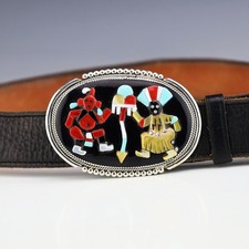 NATIVE AMERICAN ZUNI STERLING SILVER & INLAY KACHINA BUCKLE BY BEVERLY ETSATE