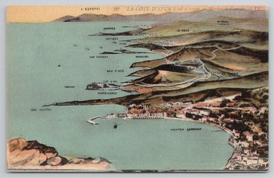 French Riviera La Côte d'Azur Bird's-Eye View Map Postcard Monaco Nice