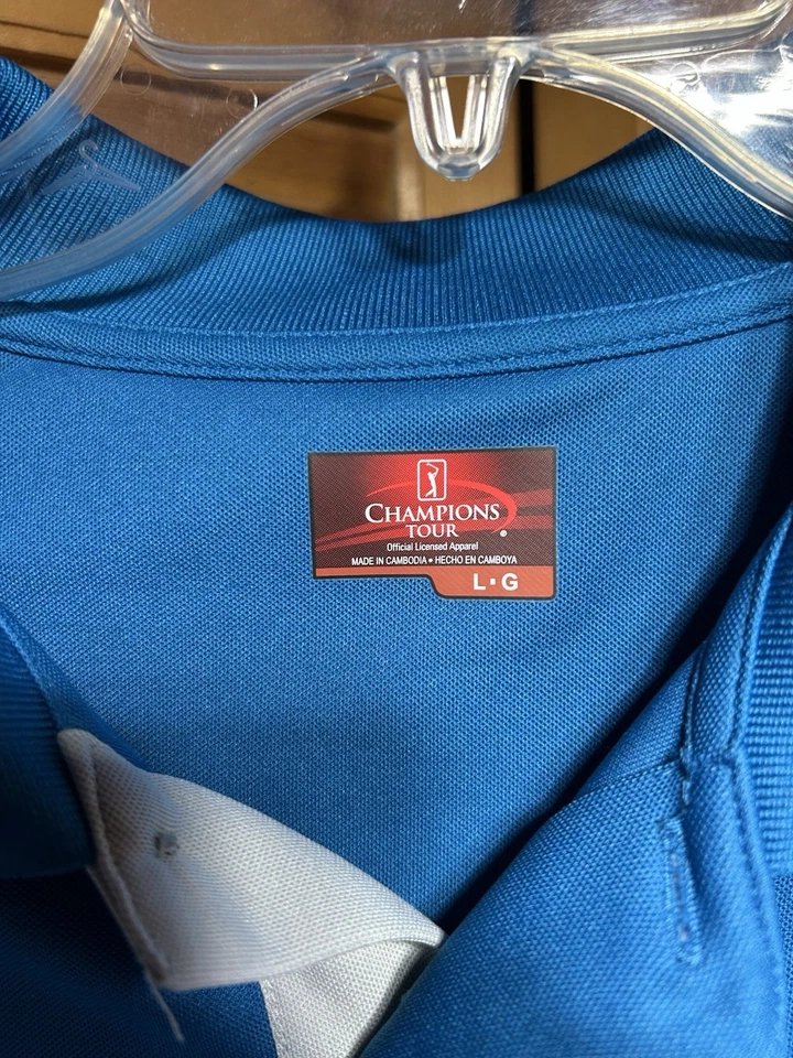 Polo de golf Champions Tour grande azul y blanco manga corta poliéster con etiquetas Foto 2 de 4