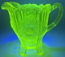 MOSSER (OHIO) VASELINE GLASS DAHLIA PITCHER 8" TALL EMBOSSED FLOWERS