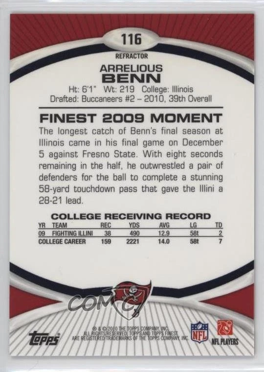 2010 Topps Finest Red Refractor /25 Arrelious Benn #116 Rookie RC - Image 2 of 2