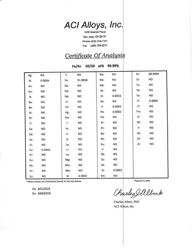 Objetivo de pulverización de hierro/estaño Fe/Sn 50/50 at % 4N 2"Ø x 0,075" Thk unido a 0,075 Cu BP - Imagen 3 de 3