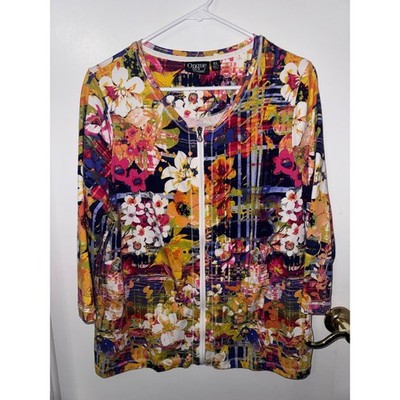 Onque Casual Womens XL Floral Plaid Zip Front 3/4 Sleeve Top Multi Color V-Neck
