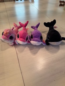 Ty Beanie Boos Plush Lot of 4 Dolphins- Pink/ Rainbow, Black, and Purple