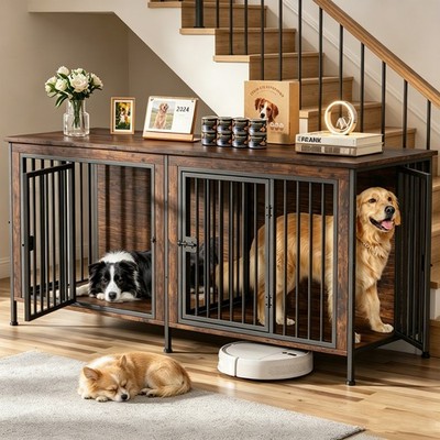 Double Dog Crate Furniture for 2 Dogs, 78'' Large Wooden Kennel TV Stand Pet Cage
