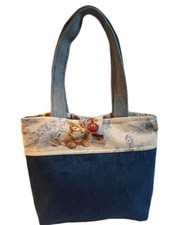 NEW Handmade Small Denim Tote Bag Teddy Bears Reversible