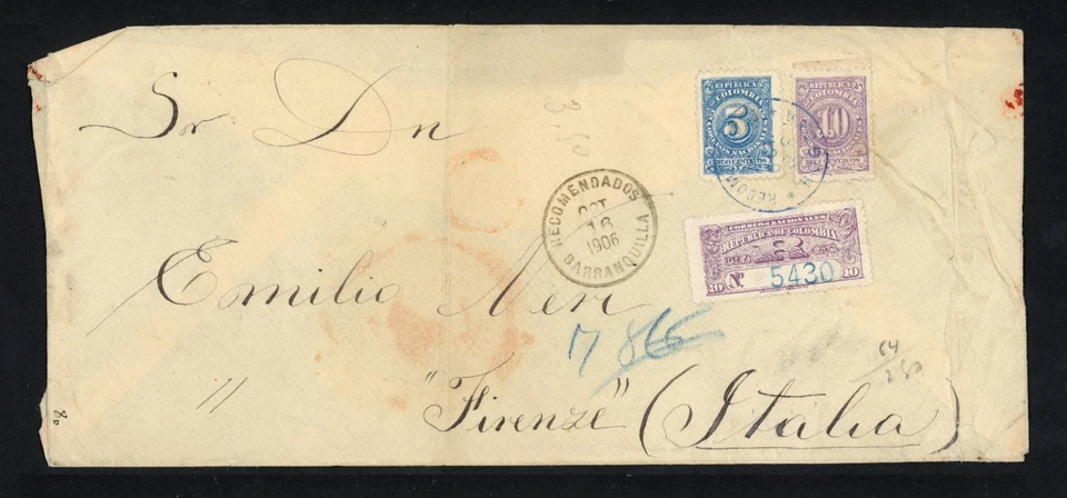 1906 Colombia Cover To Italy 15c Barranquilla To Florence Registration Fee Stamp - Image 2 of 3