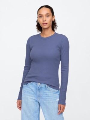 Gap Women's Pointelle Crewneck  Long Sleeve T-Shirt- Quiet Blue-Size M