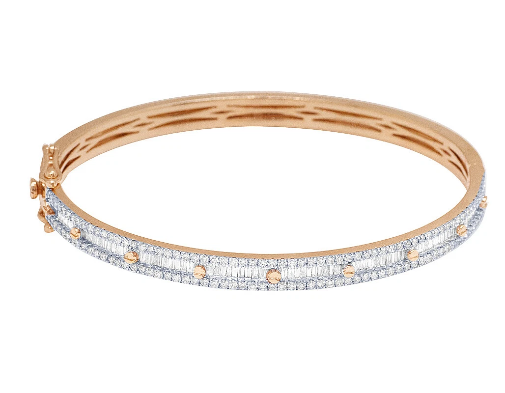 10K Rose Gold Baguette 1.6CT Real Diamond Baguette Bangle Bracelet 5MM