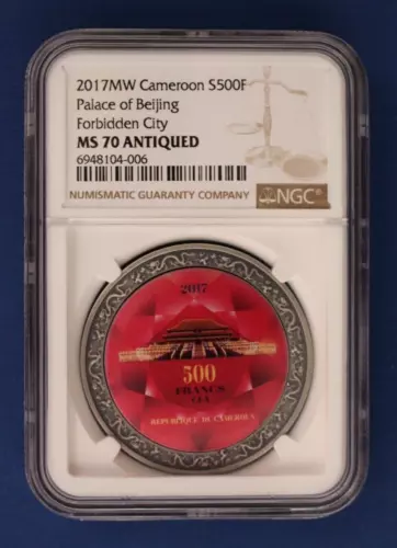 2017 Cameroon Silver 500F coin "Forbidden City" NGC Graded MS70 Antiqued