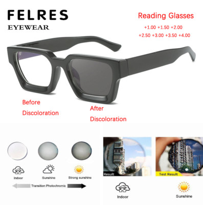 Unisex Photochromic Thick Frame Reading Glasses Outdoor Square Shade Sunglasses