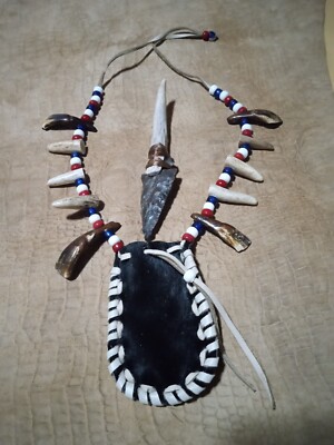 agate knife dagger with deer antler handle and leather pouch necklace 