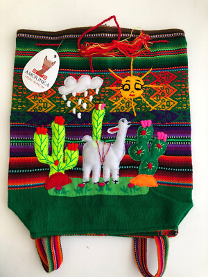 Kids Alpaca Handmade Backpack New w/Tags Multicolor Base is Green
