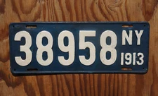 Vintage 1913 NEW YORK State License Plate # 38958