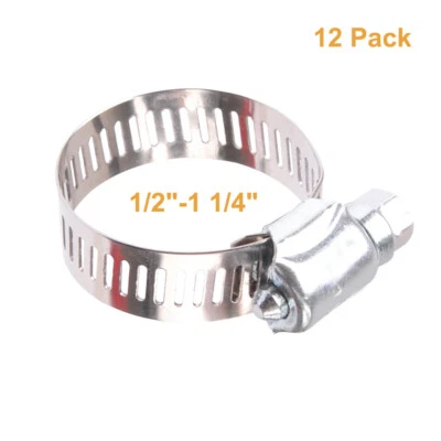 AIRSBOGE 1/2"-1 1/4" Adjustable 304 Stainless Steel Band Hose Clamp#12 - 12 Pack