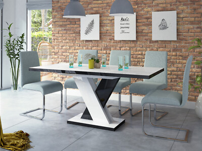 Esstisch Weiß Schwarz Hochglanz 120(170)x80 Esszimmertisch mit Synchronauszug