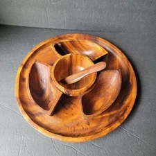 Vintage Wood Snack Chip and Dip Serving Set Tray Bowls and Wood Spreader Knife T