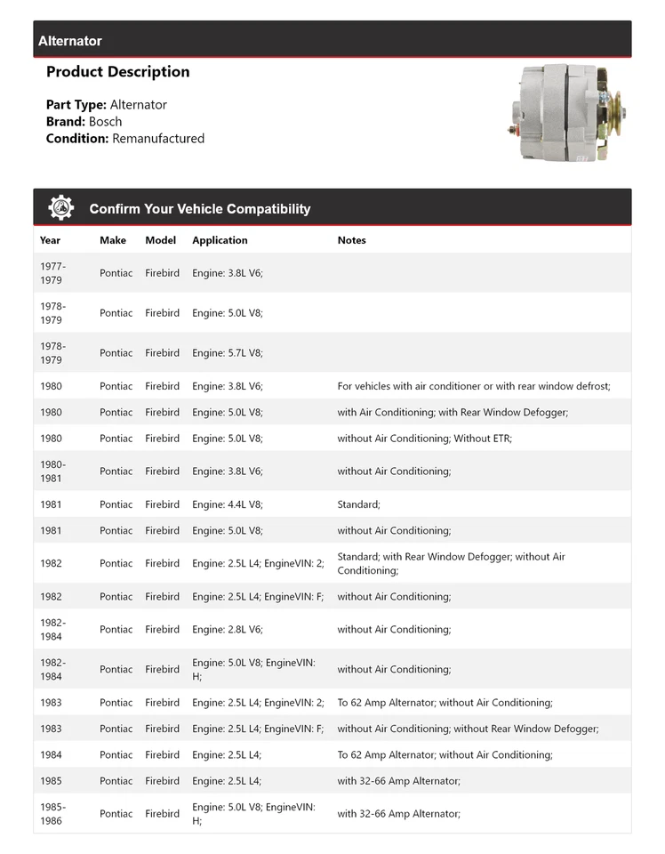Alternador para Pontiac Firebird Bosch 1977-1986 (remanufacturado) 1978 1979 1980 Foto 2 de 4