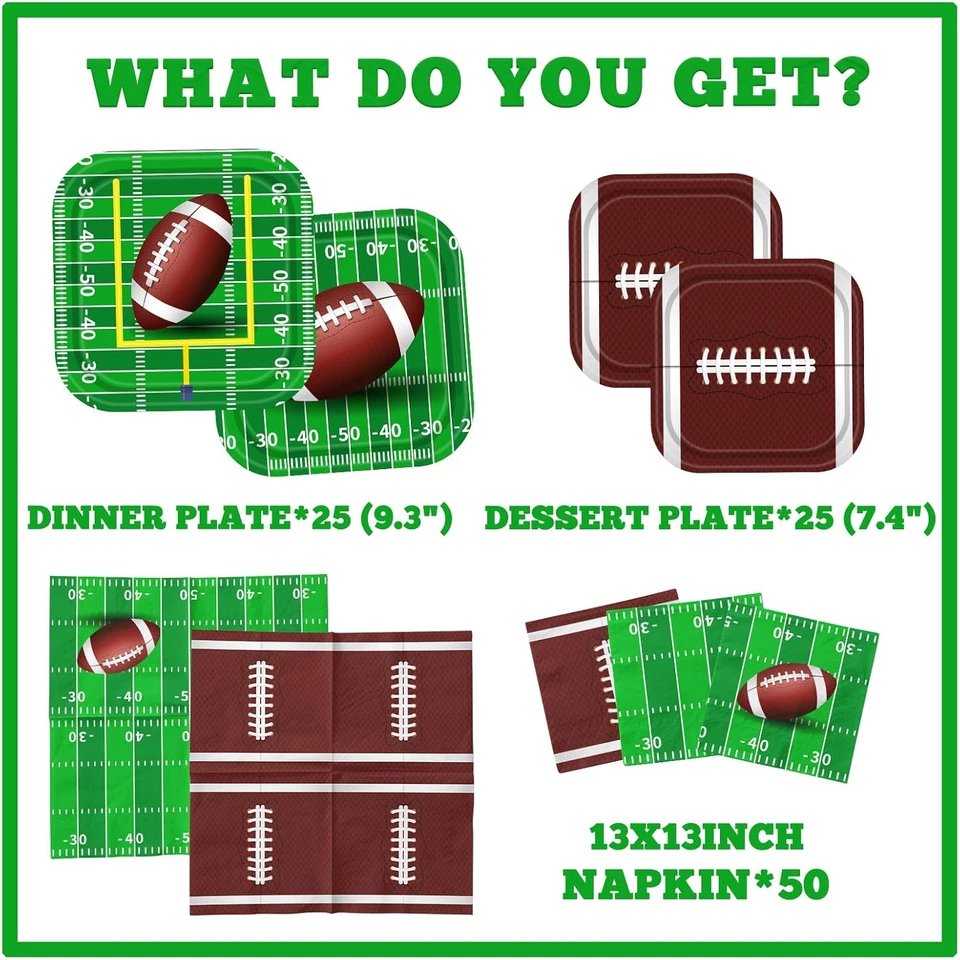 Juegos de platos y servilletas de fútbol americano de 100 piezas para fiestas sirven 25, Foo... Foto 3 de 4