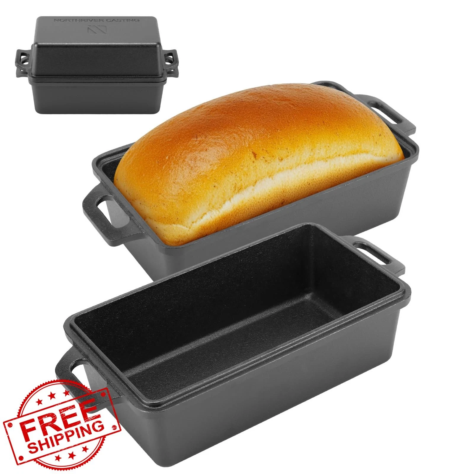 Northriver Cast Iron Loaf Pan with Lid 9x5" Bread Cake Meatloaf 2 Piece