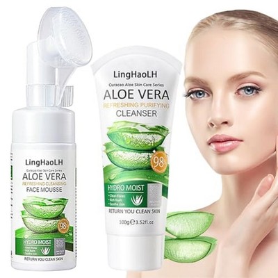 2PCS Aloe Vera Face Wash,Hydrating Gentle Facial Foam Cleanser with Brush,Deep C