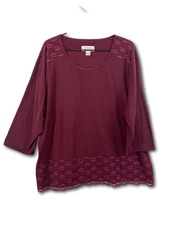 CJ Banks Woman’s Top Burgundy Lace Hem 3/4 Sleeves Size 2XL