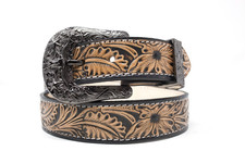 HandTooled Floral Belt, 1.5 Hand Painted Belt with Removable Western Buckle