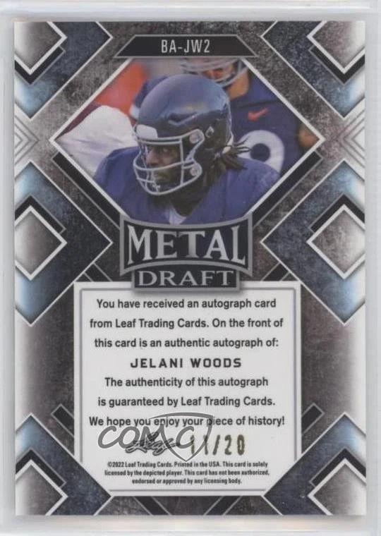 2022 Leaf Metal Draft Pink Prismatic /20 Jelani Woods #BA-JW2 Rookie Auto RC - Image 2 of 2