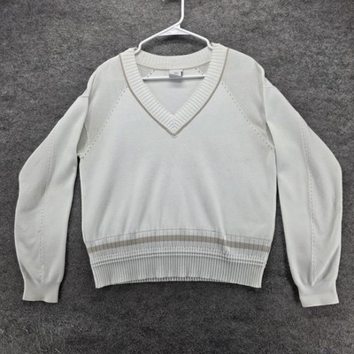 Bogner Sweater Pullover Womens M White V-Neck Raglan Open-Knit Logo Lightweight