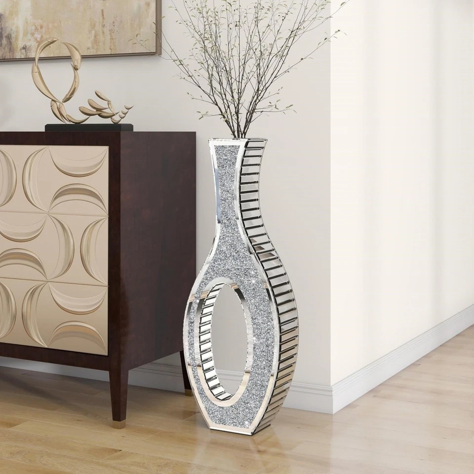 Jarrones de piso con espejo grandes plateados para decoración sala de estar con incrustaciones de diamante triturado Foto 4 de 4