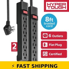 Hyper Tough 6-Outlet Power Strip with 8 ft Braided Cord, Black, 2-Pack